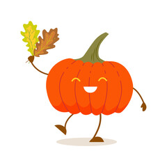 Funny pumpkin with oak leaves in kawaii style. Vector color isolated illustration.