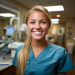 Happy medical staff in scrubs at dental office