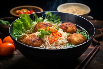 Delicious Vietnamese noodle soup with fish cakes. Generative AI - obrazy, fototapety, plakaty