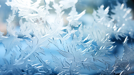 Macro shot of frosty blue leaves with shallow depth of field. Shallow depth of field. Blue background. Generative AI technology.