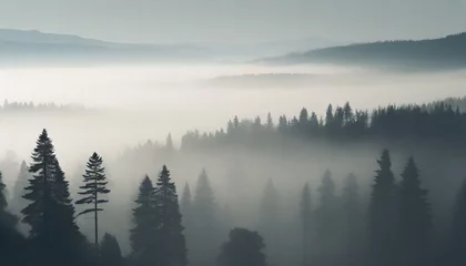 Afwasbaar Fotobehang Mistig bos gradient calming nature foggy forest view phone wallpaper background ai generated