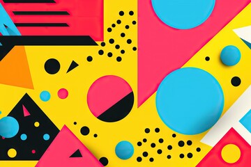 Colorful bright cartoon background. Trendy texture design with basic shapes. Abstract neon pattern with geometric shape, line and dot in trendy retro memphis animation 80s 90s style 