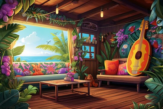 Poster featuring a tiki lounge with summer vibes, surfboard, and vibrant tropical leaves. Generative AI