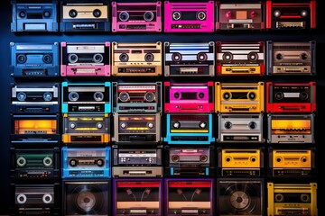 Old audio tape compact cassette on black background. Collection of retro cassette. Vintage pattern. 80s and 90s funky colorful design