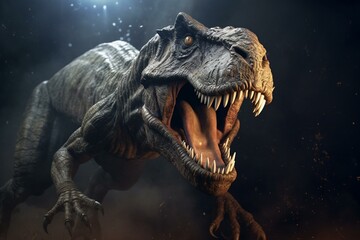 A T-rex attacking against a dark backdrop. 3D illustration. Generative AI