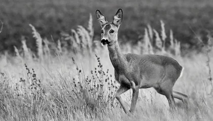 Rolgordijnen roe deer female walking in steppe closeup in black white © Mary