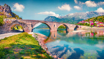 captivating summer view of old mes bridge impressive morning landscape of shkoder colorful outdoor scene of albania europe traveling concept background - obrazy, fototapety, plakaty