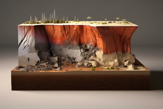 3D Rendering Of Volcano Section, Structural Diagram, And Soil Section. Generative AI