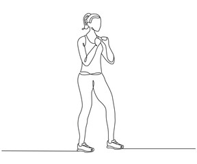 Woman boxer exercise Line Drawing isolated on copy space white background, Female Boxer exercise editable vector illustration, Continuous one line drawing, work out clip art, exercise one line art