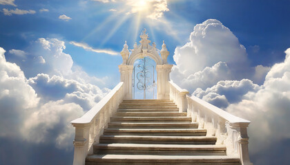 beautiful heavenly paradise cloudscape entering the pearly gates of heaven staircase to heaven castle in the sky - obrazy, fototapety, plakaty