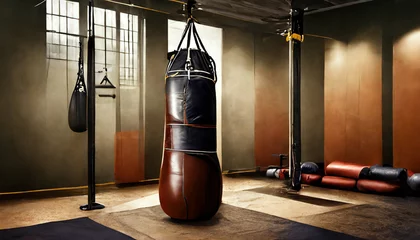 Afwasbaar fotobehang ai generated ai generative dark vintage retro old gym boxing bag fitness sport martial arts room interior graphic art © Mary