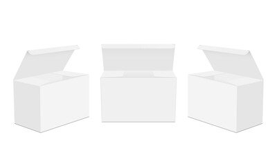 Set Of Blank Cosmetic Or Medical Product Boxes With Opened Lid, Isolated On White Background, Isolated On White Background. Vector Illustration