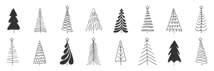 Doodle spruce pine fir tree black line drawn isolated on white. Abstract sketch drawn minimalist Christmas tree collection. Winter Xmas holiday symbol. Festive Design element