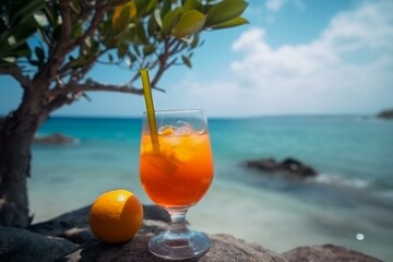Refreshing drink on exotic shore with trees and vibrant shore. Generative AI