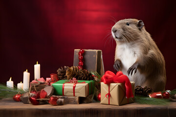 A beaver in a Christmas setup. Studio portrait, winter festive season template.