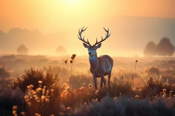 Foto op Canvas Red deer stag in the autumn forest. Noble deer male. Beautiful animal in the nature habitat. Wildlife scene, wild nature landscape. Wallpaper, beautiful fall background with copy space © ratatosk