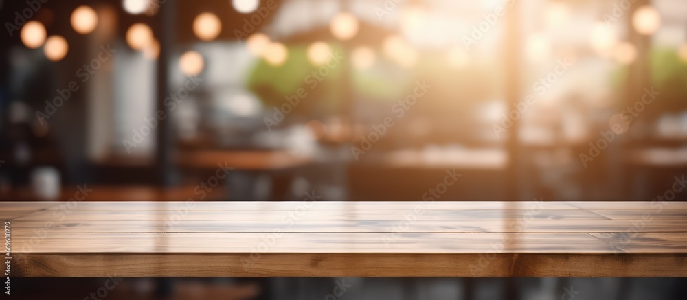 Poster wooden table in front of abstract coffee shop background ideal for displaying products or creating m