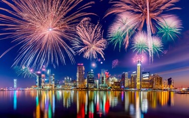 Fototapeta premium New Year's Spectacular: Witness the Dazzling Grandeur of Cityscape Fireworks!