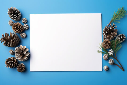blank paper in a winter background with pine cones and branches. winter christmas card with pine cones, green foliage mockup template. white blank sheet of paper background surrounded by pine cones.