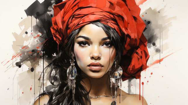 Expressive Watercolor of African Woman in Red and Black Turban