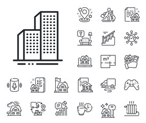 City architecture sign. Floor plan, stairs and lounge room outline icons. Skyscraper buildings line icon. Town symbol. Skyscraper buildings line sign. House mortgage, sell building icon. Vector