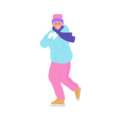 Happy smiling teenager boy cartoon character in warm clothes ice skating vector illustration