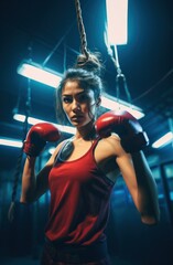 Fototapeta na wymiar Portrait of female boxer wearing gloves and preparing for boxing training at gym. Fitness young woman with muscular body