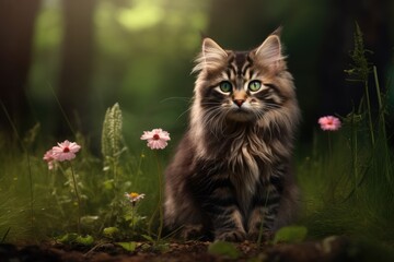 Naklejka na ściany i meble Funny tabby kitten walking in the wild. Cute kitty with big green eyes looking up in grass in forest. Banner with cat on nature outdoors