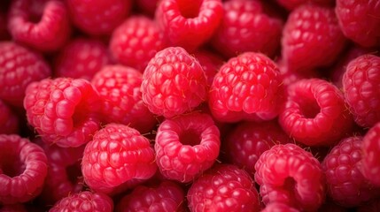 A background composed of fresh, juicy, and ripe raspberries, captured in striking macro photography with a shallow depth of field.