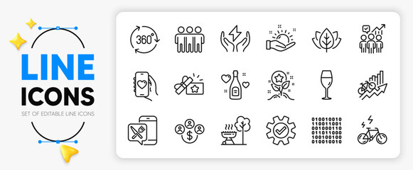 E-bike, Sunny weather and Loyalty gift line icons set for app include Food app, Training results, Buying currency outline thin icon. 360 degree, Love champagne, Loyalty points pictogram icon. Vector
