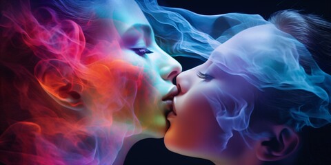 the kiss - two female faces illuminated by colorful phosphorescent smoke