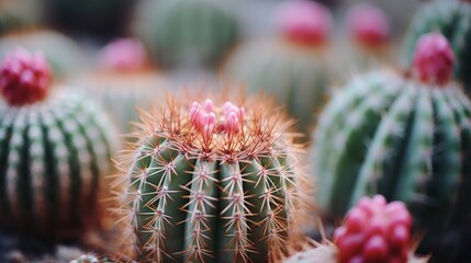 Obraz premium A close-up art photograph of a Ferocactus cactus, with selective focus on the intricate details. This macro photography highlights the beauty of the plant with a shallow depth