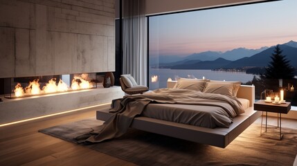 A modern bedroom with a neon-lit fireplace and minimalist furniture.