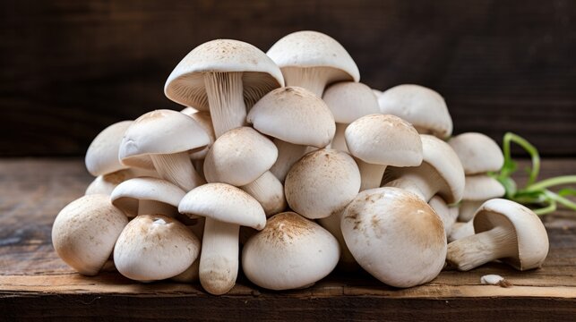 A close-up view of a delightful cluster of pale-colored mushrooms against a natural woodland background texture. This represents a type of macro photography capturing the intricate details of nature