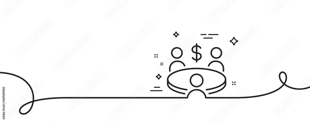Poster meeting line icon. continuous one line with curl. business teamwork sign. group of people symbol. me