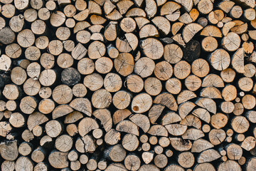 Stack of round firewood wall background 