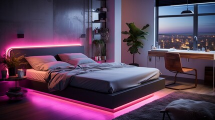 A sleek bedroom with neon lights illuminating the underside of a floating desk.