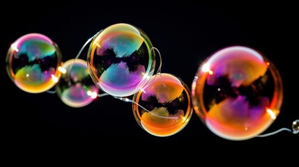 Macro photography of soap bubbles on dark background 