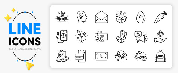 Euro currency, Prescription drugs and Puzzle options line icons set for app include Teamwork process, Delivery location, Hot water outline thin icon. Gears, Discounts offer. Vector