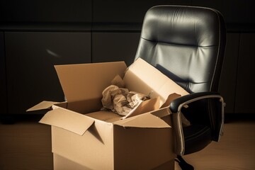 Box of personal items on office chair, representing relocation or job termination. Generative AI