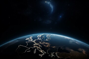 Realistic image of Earth centered on Africa and Europe, with stars in the background. Generative AI