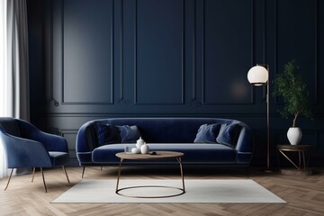 Mock-up of a modern living room with a dark blue sofa and armchair, featuring a Scandinavian style. Background depicts the interior. Digitally rendered in 3D. Generative AI