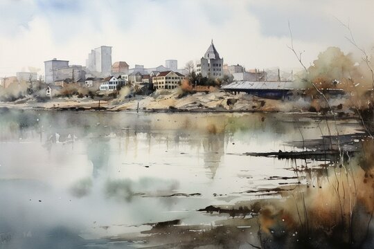 watercolor painting of Bridgeport skyline. Generative AI
