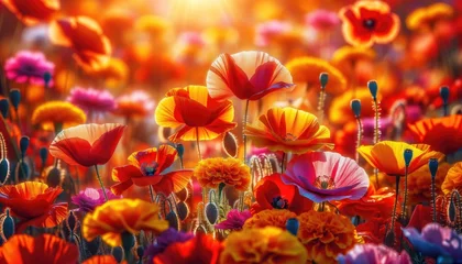 Tuinposter Detailed image of a summer flower field, focusing on the vivid hues of poppies and marigolds © NickArt