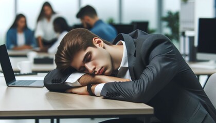 Disheartened young intern or businessman resting his head on his desk, in a corporate blurred office as sleeping disorder or burnout concept as a result of stress and overload - obrazy, fototapety, plakaty