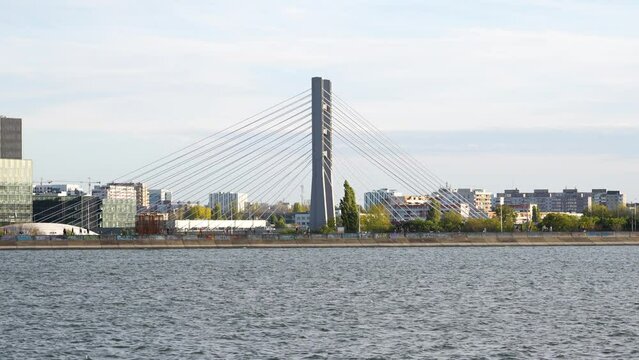 The Basarab Bridge seen from the island Lacul Morii. Bucharest, Romania. 