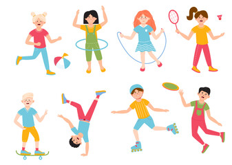 Set of children boys and girls doing different activities. Playing with ball, badminton, jumping on rope, twisting the hoop, skating, jumping, frisbee, rollerblading.
