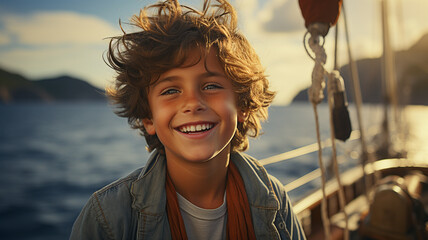 smiling little boy sitting on boat