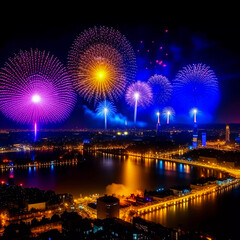 Fototapeta premium fireworks over the river, background image