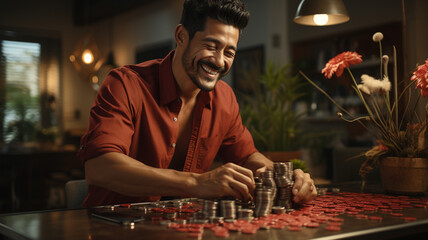 young man sitting in front of a piggy bank
